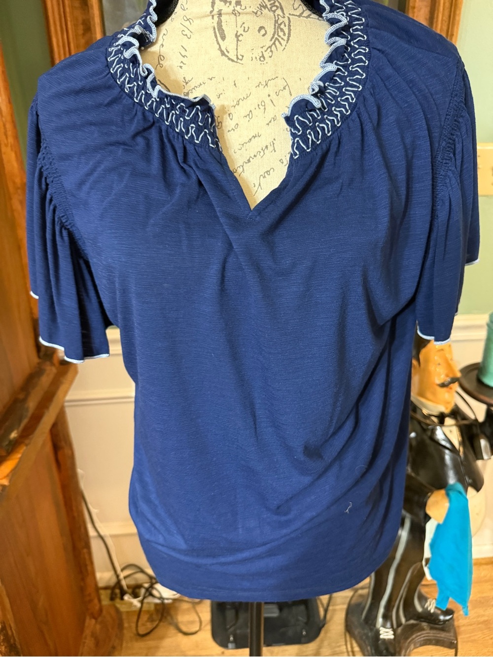 Navy Short Sleeve Women's Blouse with Contrast Trim